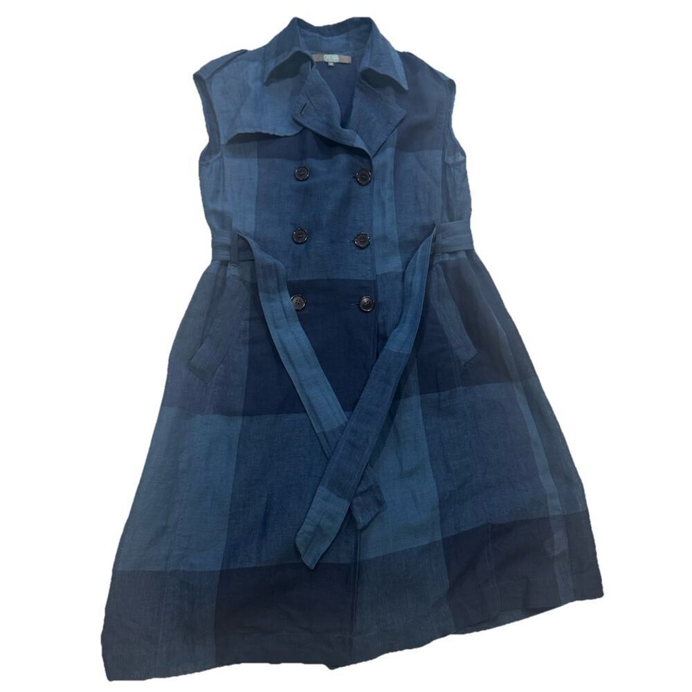Eva Franco Petite SP Blue Plaid Linen Blend Belted Shirt Dress